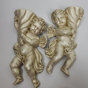 A Sweet Pair Vintage Yozie Retro Cherubs Angels Wall Hangings Decor Vase 9½"